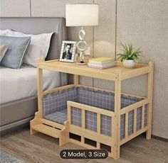 a bed with a wooden frame next to a night stand