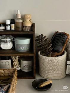 the bathroom is clean and ready to be used by someone with many personal care items