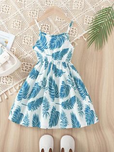 Young Girl Casual Elegant Leaf Print Spaghetti Strap Dress, Summer Blue Boho  Sleeveless Woven Fabric Floral,Plants Cami Non-Stretch  Young Girls Clothing, size features are:Bust: ,Length: ,Sleeve Length: Spaghetti Strap Dress Summer, Strap Dress Summer, Kid Summer, Kids Summer Clothes, Spaghetti Strap Summer Dress, Summer Outfits Kids, Blue And White Style, Elegante Casual, Lace Slip Dress