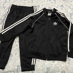 Brand New Jogger Set Black Streetwear Sets With Pockets, Adidas Winter Sets With Long Sleeve, Adidas Winter Long Sleeve Sets, Fitted White Adidas Sets, Sporty Black Sets For Spring, Adidas Black Long Sleeve Set, Adidas White Long Sleeve Set, Black Playwear Sets For Fall, Black Sets For Playwear In Fall