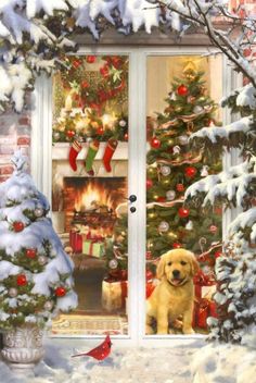 a painting of a dog sitting in front of a christmas tree with presents on it