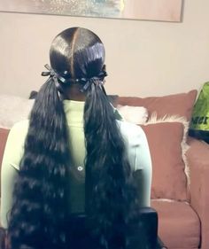 2 Weave Ponytail Hairstyles, Two Low Curly Ponytails, Two Slick Ponytails, Two Low Ponytails With Weave, Ponytail Hairstyles For Black Women Weave, Sew In Ideas, Two Ponytails With Weave, Slicked Back Ponytail, Sleek Ponytail Hairstyles