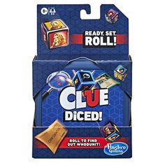 an unopened card game set with clue dices and cards in it's packaging