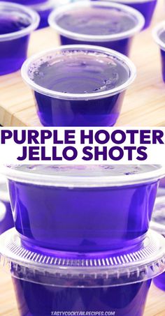 purple hooter jello shots are stacked on top of each other in plastic cups