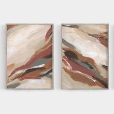 two abstract paintings hanging on the wall next to each other