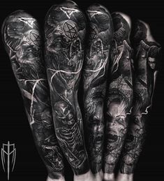 tattoos on both arms and hands are shown in black and white, with an image of two