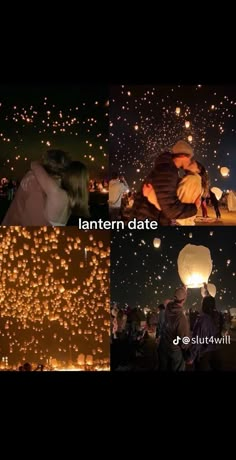 two people are kissing in the sky with lanterns floating above them