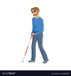 a man with a walking stick in his hand and sunglasses on the head is looking at something