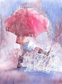 a painting of a person holding an umbrella in the rain with water splashing around them