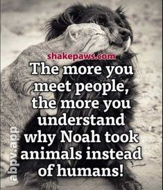 a black and white photo with a quote on it that says, the more you meet people, the more you understand why noah took animals instead of humans