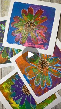 four flower paintings are shown in different colors