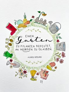 the cover of an illustrated book with flowers and gardening related items in a circular frame