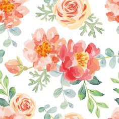 seamless floral pattern with pink roses and green leaves on a white background stock photo