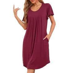 Loungewear features a crew neck, ruffled short sleeve, cute pleat in the front, irregular flare hem, and knee length. Shirred short sleeves for extra roominess, give this lounge dress a dash of added style. Short flare sleeve nightshirt leaves more room for your arms, pleated design looks classic and elegant. Regular fit, full of elasticity, perfect for any body shape, and hides belly very well that could be worn as a house dress or maternity dress. Short sleep dress is suitable for sleepwear in bed, lounging sleep, or home bedroom, and great for a relaxing day or night dream. One Piece Clothing, Knee Length Shorts, Nightgowns For Women, Sleep Dress, Lounge Dress, One Piece Pajamas, Ruffle Shorts, House Dress, Nightgowns