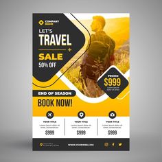 a yellow and black travel sale flyer with an image of a man in the background