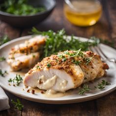 two pieces of chicken covered in gravy on a plate