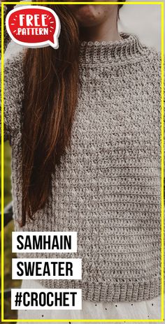 a woman with long red hair wearing a gray sweater and text that reads free pattern