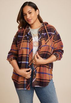 Plus Size Cabin Plaid Boyfriend Hooded Button Down Shirt - Materials & Care:imported - 100% cotton - machine wash Fall Plus Size Fashion, New Jeans Top, Fall Athleisure, Plus Size Plaid, Maurices Plus Size, Maternity Pajamas, Adaptive Clothing, Fall Plus Size, Skirt Crop