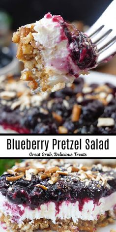 blueberry pretzel salad on a plate with a fork