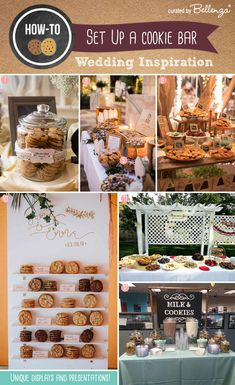 an assortment of desserts and cookies on display at a wedding or bridal party