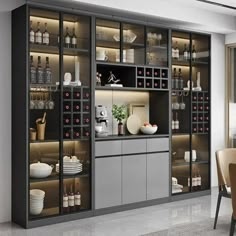 a dining room with glass doors and shelves filled with dishes, wine glasses and other items