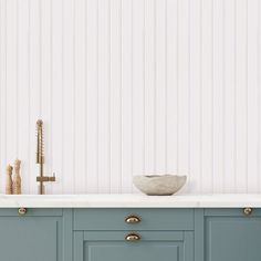 a bowl on top of a counter in a room with white walls and blue cabinets