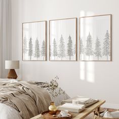 three framed pictures hang on the wall above a bed in a room with white walls