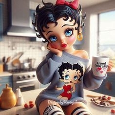 a doll sitting on top of a counter holding a cup