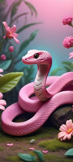 a pink snake is on the ground surrounded by flowers