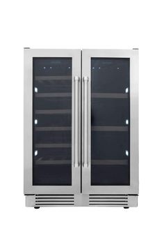 the double door wine cooler is stainless steel and has glass doors that are both open