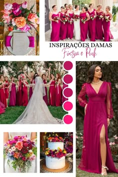 a collage of photos with pink and orange flowers in the background, including a bridesmaid's dress