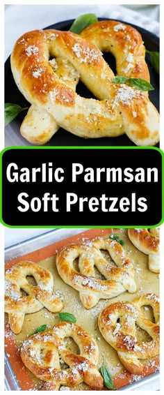 garlic and parmesan soft pretzels on a baking sheet with text overlay