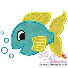 a blue and yellow fish with bubbles on it's side, in the water