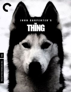 a black and white photo of a dog with the title john carpenter's the thing