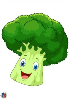 a cartoon broccoli head with blue eyes and smiling face, on a white background