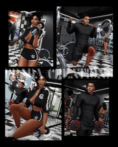 four different pictures of a man and woman in the gym