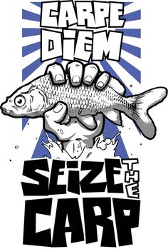 a hand holding a fish with the words seze carpp on it