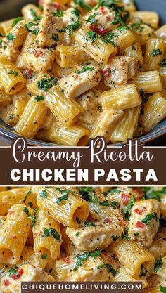 creamy ricotta chicken pasta in a bowl with parsley on top and the title above it