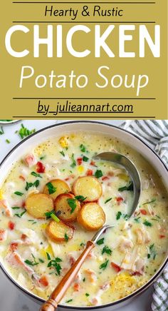 chicken potato soup in a white bowl with a spoon