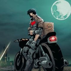 a man riding on the back of a motorcycle in front of a moon filled sky