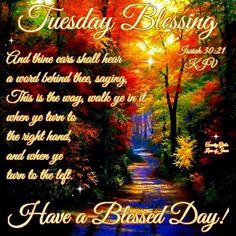 an image of a path in the woods with words on it that say, tuesday blessing