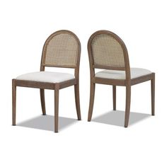 two chairs with caned back and white upholstered seat cushions, side by side