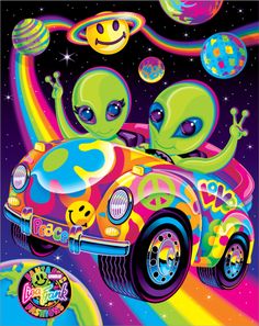 an alien car with two aliens in the background and planets around it, as well as stars