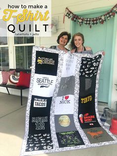 two women standing next to each other with a quilt on the front porch and one woman holding up a large quilt that says how to make a fresher quilt