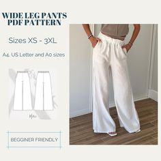 wide leg pants sewing pattern sizes xs - 3xl