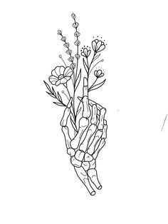 a black and white drawing of a hand holding flowers