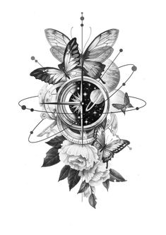 a drawing of a clock with flowers and butterflies on it's face, surrounded by stars