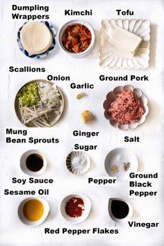 an image of different types of food on a white tablecloth with text overlay