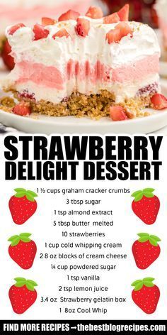 strawberry delight dessert recipe on a white plate