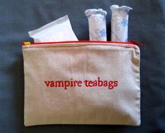 a small bag with three toothbrushes in it and the words vampire teabags